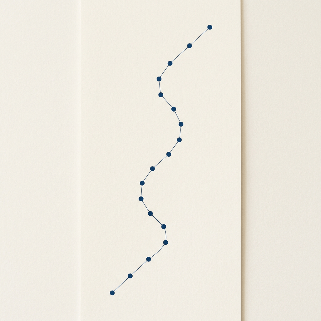Winding vertical line connecting navy blue nodes on a cream background
